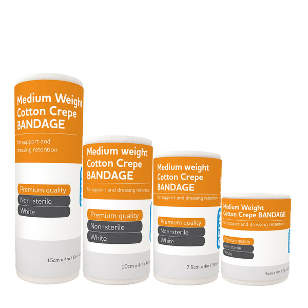 A collection of Medium Cotton Crepe Bandages in various sizes, displayed upright with their labels visible.