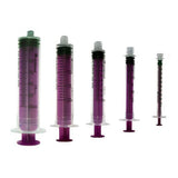 Set of five purple syringes with measurement markings on a white background