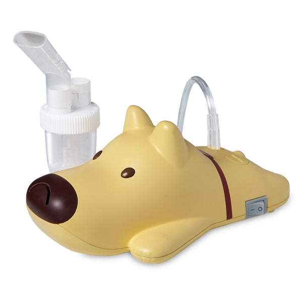 Rossmax Super Mini Nebuliser QUTIE, a yellow dog-shaped, portable respiratory device with mini pump technology, child-friendly features, compact design, and efficient inhalation therapy for kids, complemented by VAT technology, a 12V adaptor, and the reliability of Rossmax Japan's respiratory products.