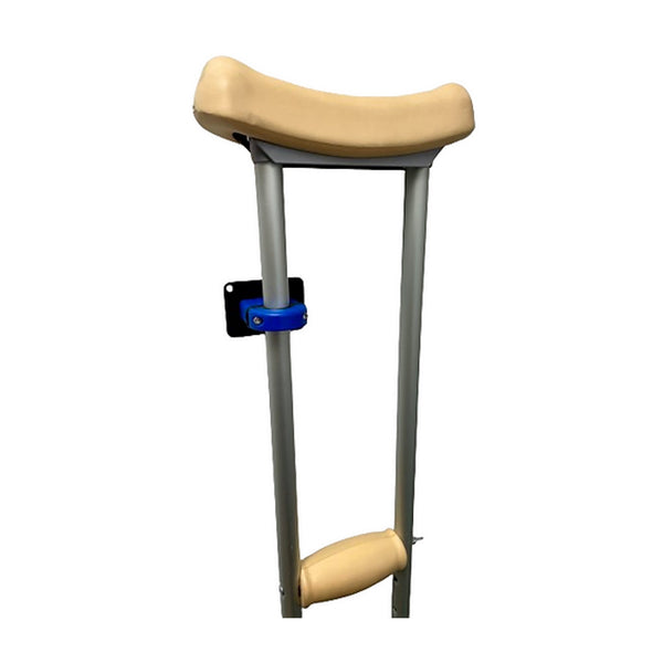 A sturdy crutch combining metal and plastic materials, highlighted by a blue walking aid, ideal for mobility assistance