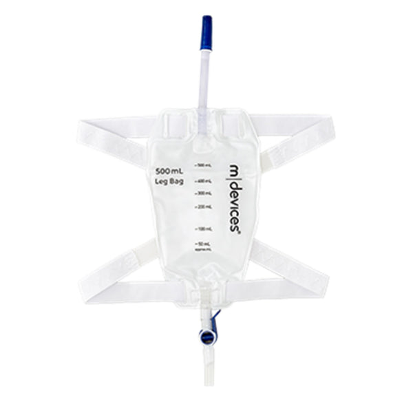 Leg bags for urine collection showing soft non-woven backing, silicone lined straps, and a discreet design.