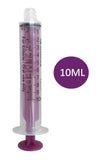 A 10mL medical grade Enfit tip syringe designed for enteral feeding, featuring clear measurement markings and a purple plunger.