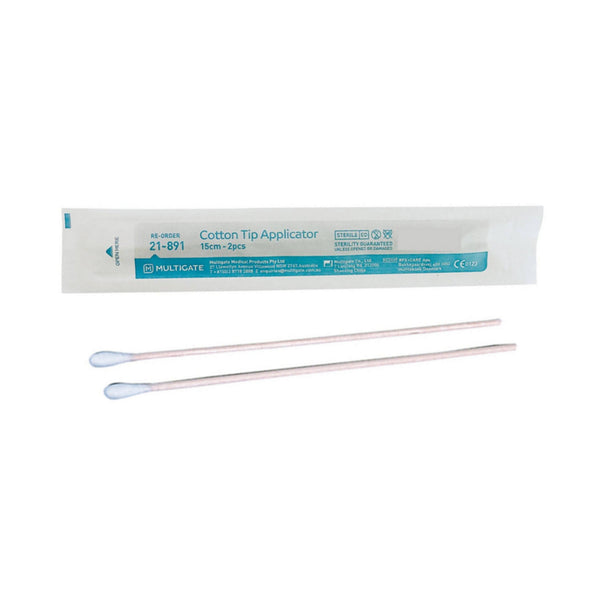 Cotton tip applicators with packaging on a white background