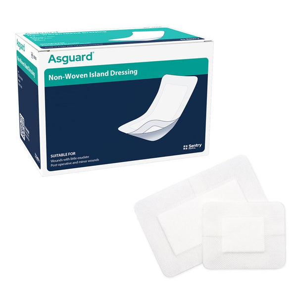 Asguard Non-Woven Island Dressings in sterile packaging, showcasing adhesive border and assorted sizes for effective wound care