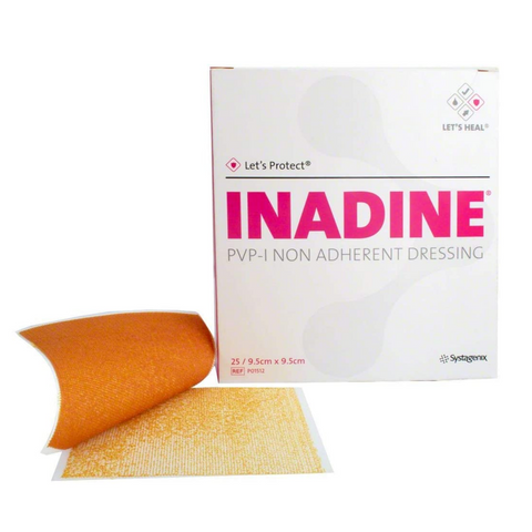 INADINE PVP-I non-adherent dressing packaging with dressing sample on a white background