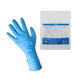 Blue nitrile glove and its packaging on a white background