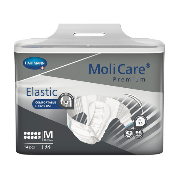 MoliCare Premium elastic 10 Drops adult nappy, showcasing a disposable diaper with a prominent white band