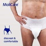 MoliCare Premium Mobile 6 Drops pull-ups on a man, highlighting discreet and comfortable underwear designed for confidence