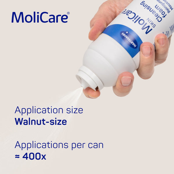 Visual of Molicare spray bottle illustrating walnut-sized application, suitable for skin cleansing in urinary and faecal incontinence