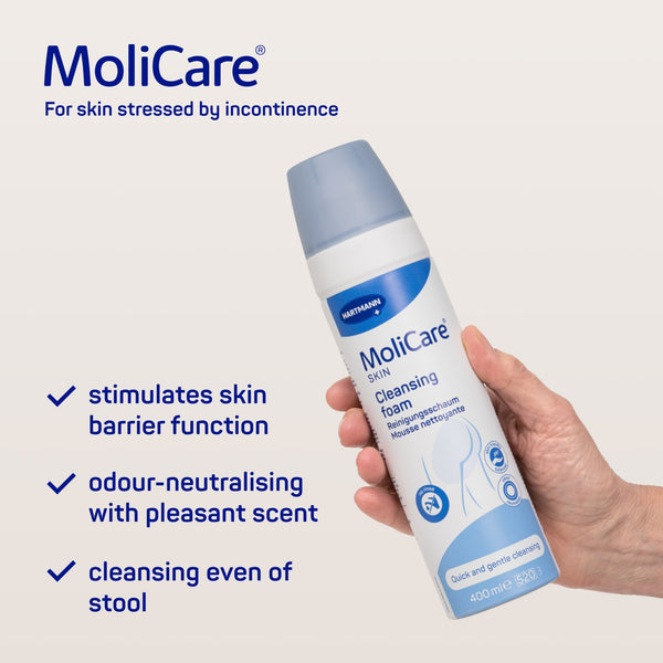 Molicare skin cleansing foam ideal for incontinence, with high odour control and balanced pH