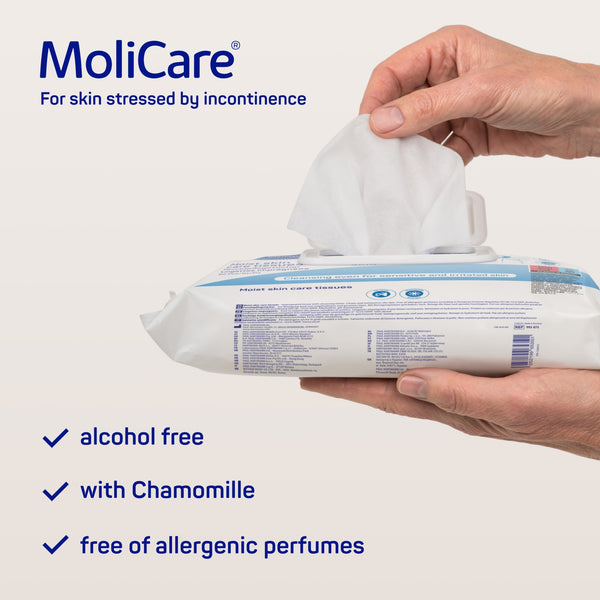 MoliCare wipes for sensitive skin, extra large and soft, designed for gentle cleansing and skin protection in incontinence care