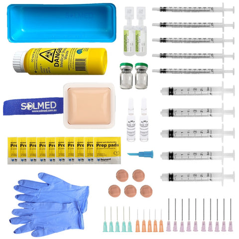 An injection practice kit with gloves, a syringe, and essential items designed for medical training and skill development