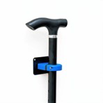 A cane holder with blue and black handles, offering a practical and innovative way to store walking sticks when not in use.