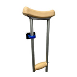 A sturdy crutch combining metal and plastic materials, highlighted by a blue walking aid, ideal for mobility assistance