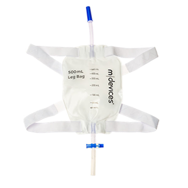 Leg bags for urine collection showing soft non-woven backing, silicone lined straps, and a discreet design.