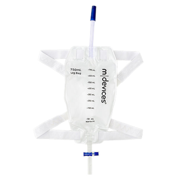 Leg bags for urine collection showing soft non-woven backing, silicone lined straps, and a discreet design.