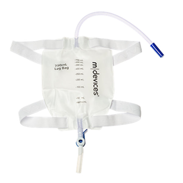 Leg bags for urine collection showing soft non-woven backing, silicone lined straps, and a discreet design.