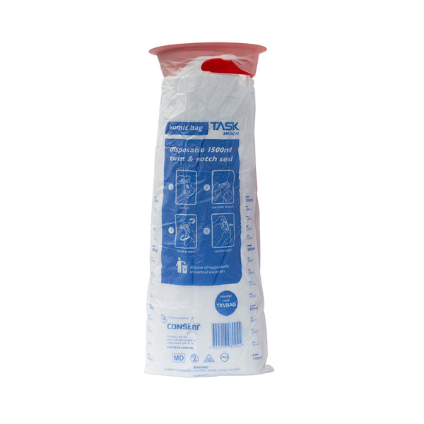 A white vomit bag featuring a secure red lid for safe disposal.