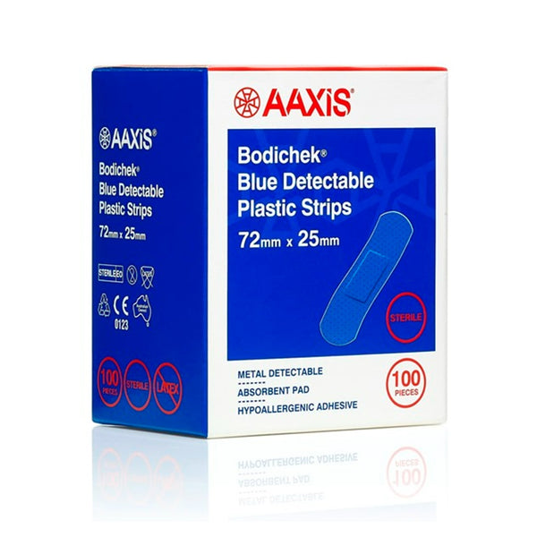 BLUE BANDAIDS DETECTABLE STERILE PLASTIC STRIPS 7.2CM X 2.5CM BOX 100