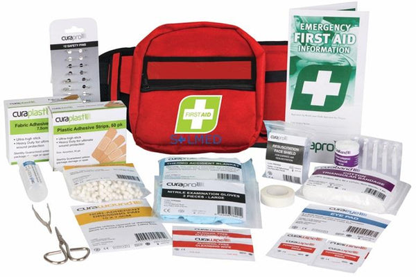 FIRST AID KIT TRAVELER 186 PIECE RED BUM BAG WITH BOTTLE HOLDER X 1