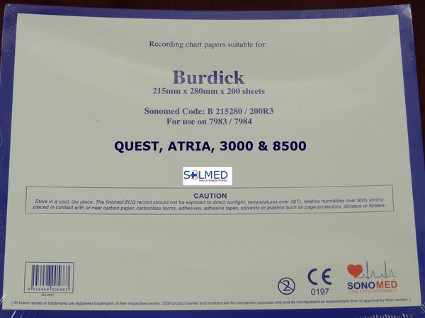 BURDICK ECG RECORDING PAPER THERMAL FAN FOLD 215MM PREMIUM GRADE BURDICK #7983 #7984 ATRIA 3000, QUEST & 8500 X 1 PACK