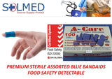 A-CARE BLUE DETECTABLE BANDAIDS ASSORTED STRIP PLASTERS, Food Safe Bandaids, Bandaids, Adhesive Plasters, Blue Bandages, Food Industry Bandaids, Detectable Bandaids